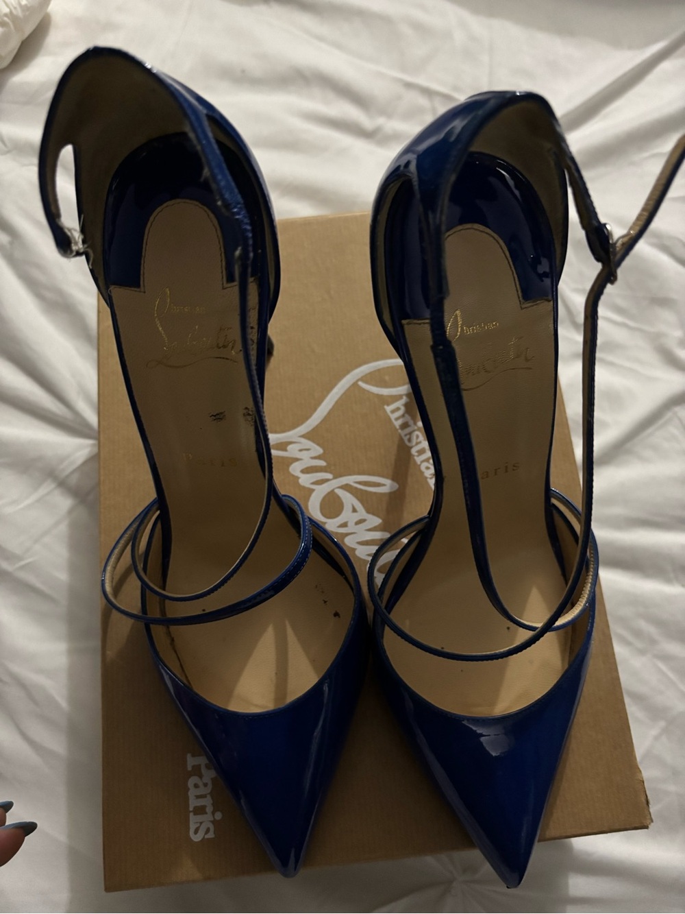 Christian Louboutin Blue Patent Leather Pointed-Toe Ankle-Strap Heels